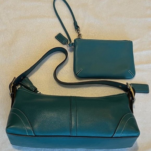 2 Leather Coach Bags Y2K NWOT Teal Turquoise Blue Baguette handbag w/ Wristlet - Picture 8 of 9
